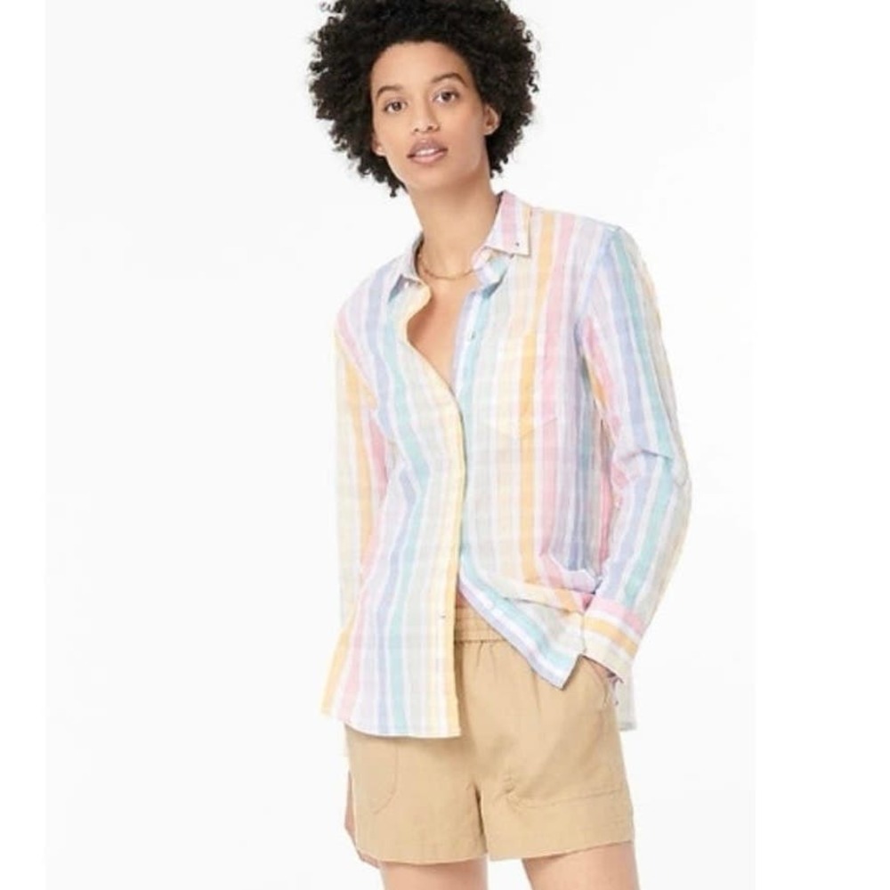 J.Crew Women’s Classic Fit  Pastel Rainbow Crinkle Gingham Button Front Gauzy - Picture 2 of 12